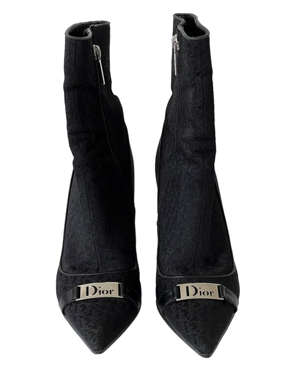 CHRISTIAN DIOR VINTAGE MONOGRAM  BLACK BOOTS WITH LOGO PLATE 37.5