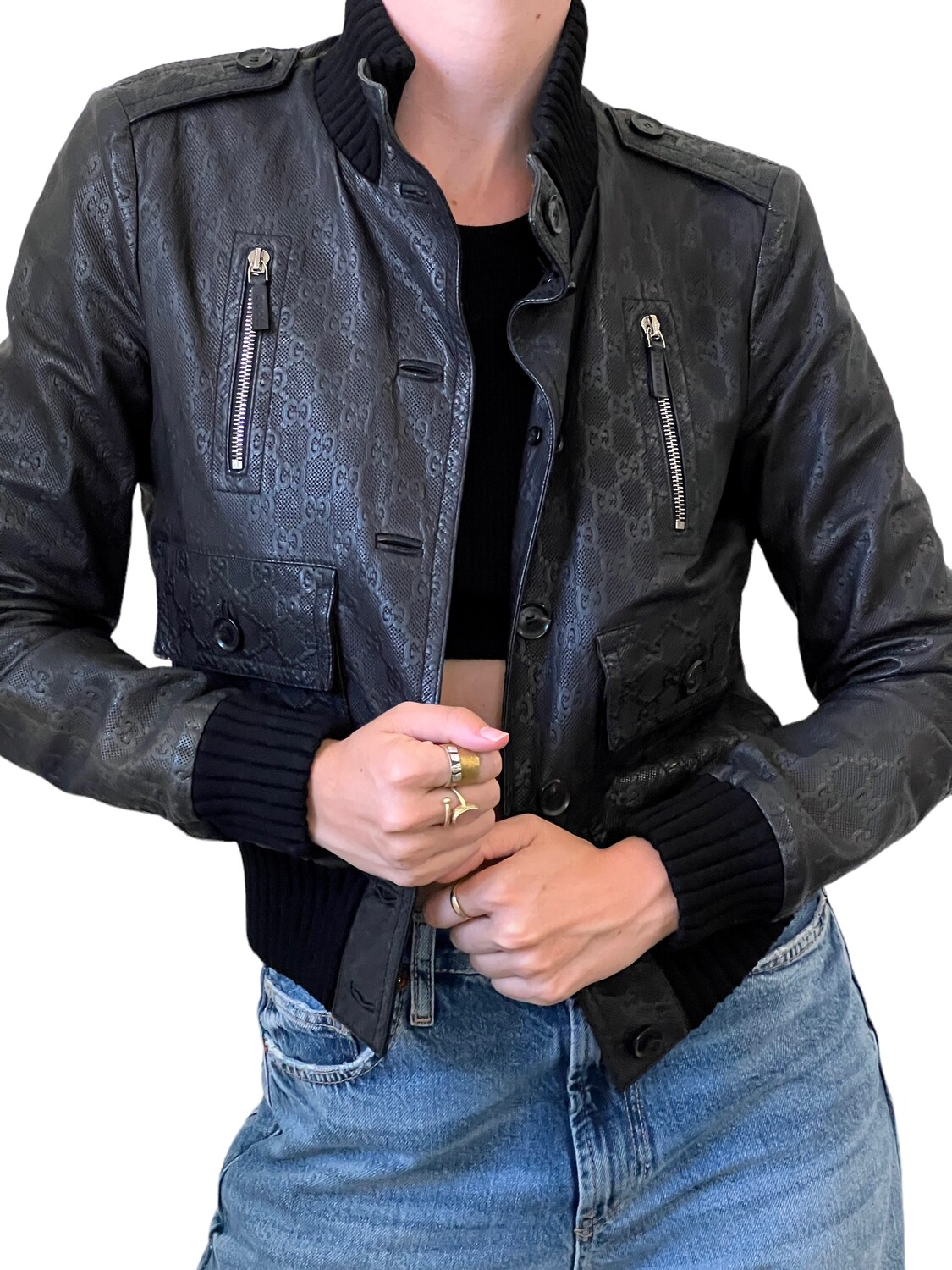 GUCCI VINTAGE GG MONOGRAM EMBOSSED BLACK LEATHER BOMBER JACKET