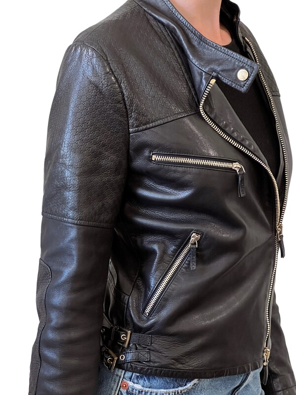 GUCCI VINTAGE GG MICRO MONOGRAM EMBOSSED BLACK LEATHER BOMBER JACKET