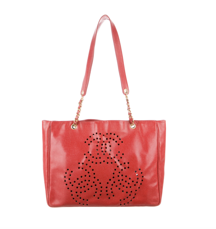 CHANEL PERFORATED TRIPLE CC RED CAVIAR LEATHER LARGE TOTE SHOULDER BAG