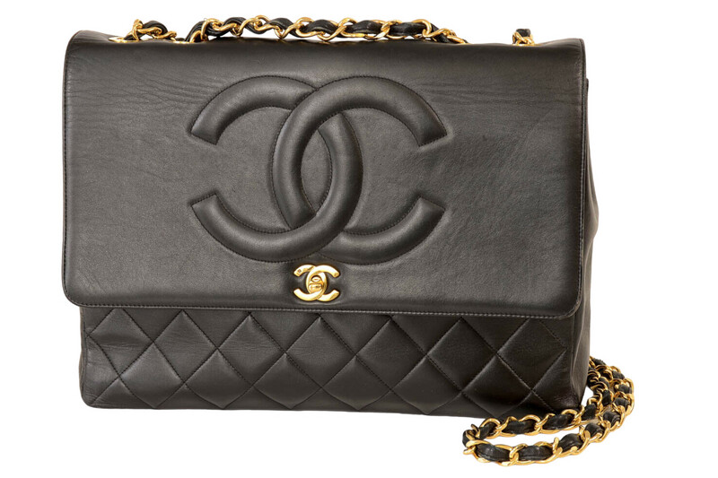 VINTAGE CHANEL CC FLAP DOUBLE CHAIN BLACK LEATHER MAXI JUMBO BAG