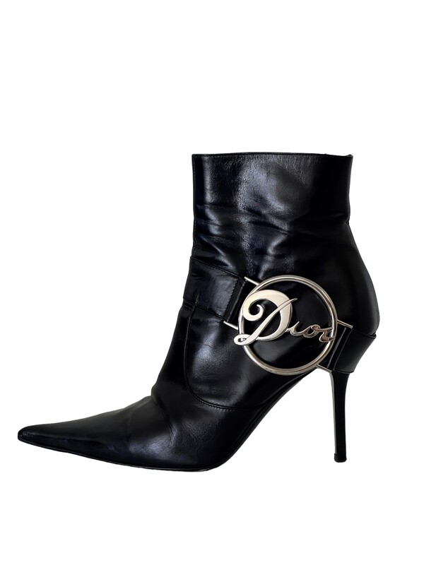 CHRISTIAN DIOR VINTAGE LOGO BLACK BOOTS WITH LOGO PLATE 37.5