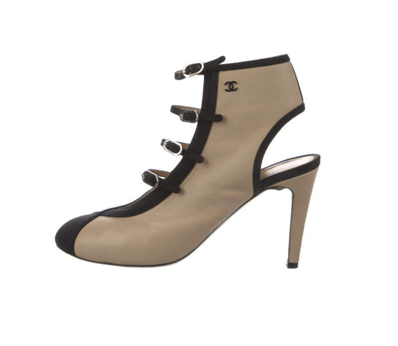 CHANEL BEIGE BLACK CC LOGO BUCKLE CAP TOE BOOTIES BOOTS IT 39