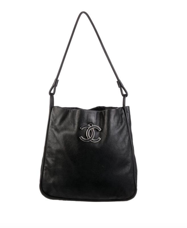 CHANEL CC CHARM BLACK LEATHER MINIMALIST SHOULDER HOBO BAG