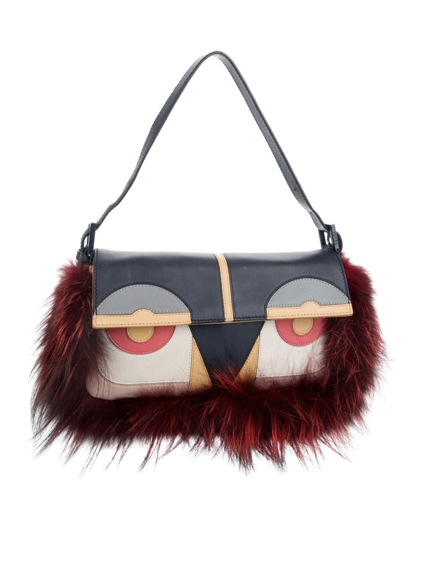 FENDI MONSTER LEATHER AND FUR BAGUETTE SHOULDER BAG