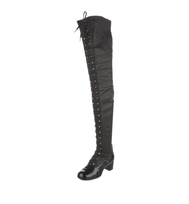 CHANEL VINTAGE CC LOGO BLACK LEATHER LACE UP OTK BOOTS IT 38
