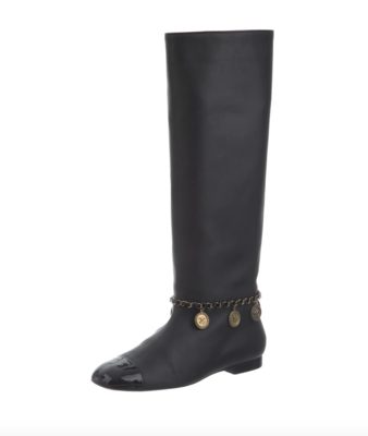 CHANEL CC LOGO CHARMS BLACK LEATHER TALL RIDING BOOTS IT 38