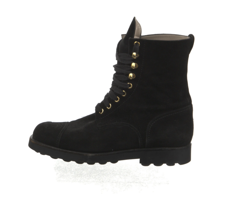 CHANEL CC LOGO BLACK SUEDE LEATHER LACE UP COMBAT BOOTS IT 39 / US 8