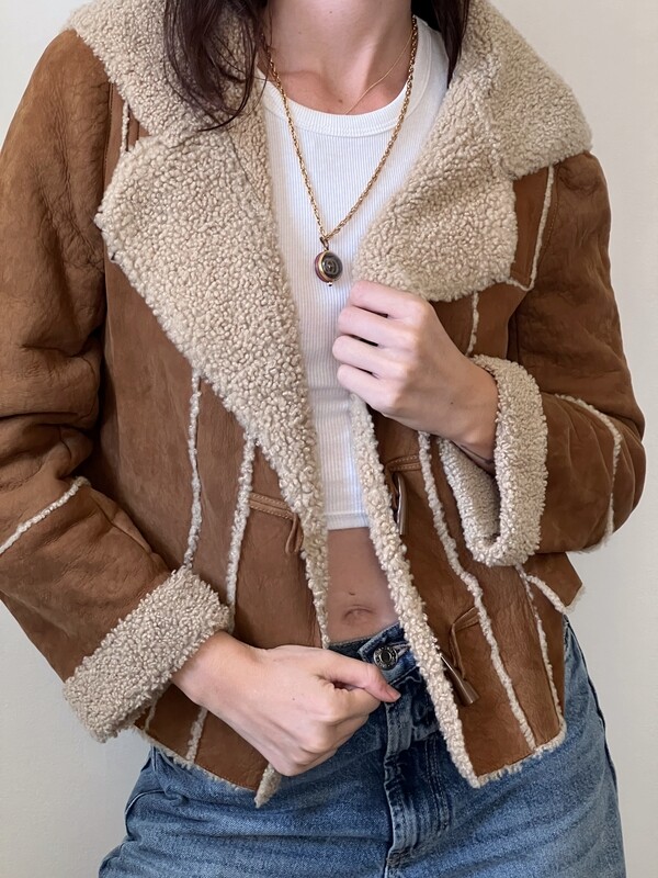 CHANEL VINTAGE SHEARLING LEATHER JACKET COAT WITH CC LOGO BUTTONS