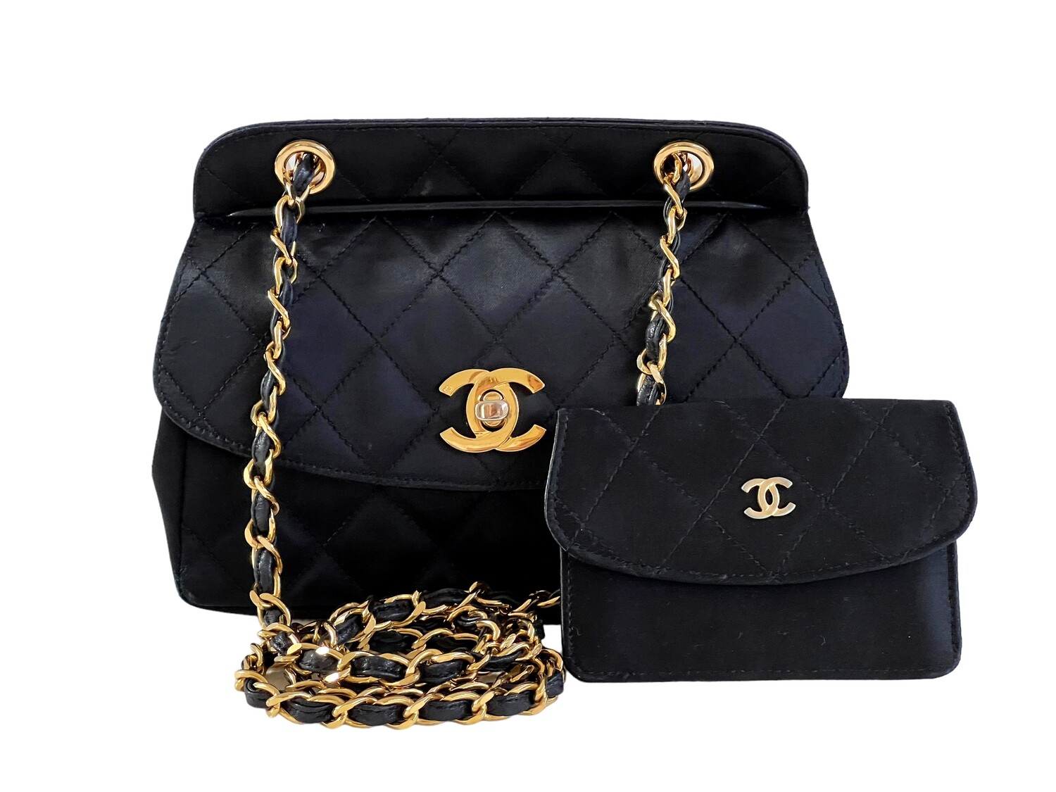 CHANEL CC TURNLOCK BLACK QUILTED SATIN FLAP EVENING SHOULDER