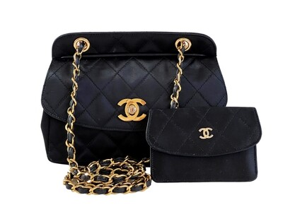 CHANEL CC TURNLOCK BLACK QUILTED SATIN FLAP EVENING SHOULDER CROSSBODY BAG WITH MINI POUCH