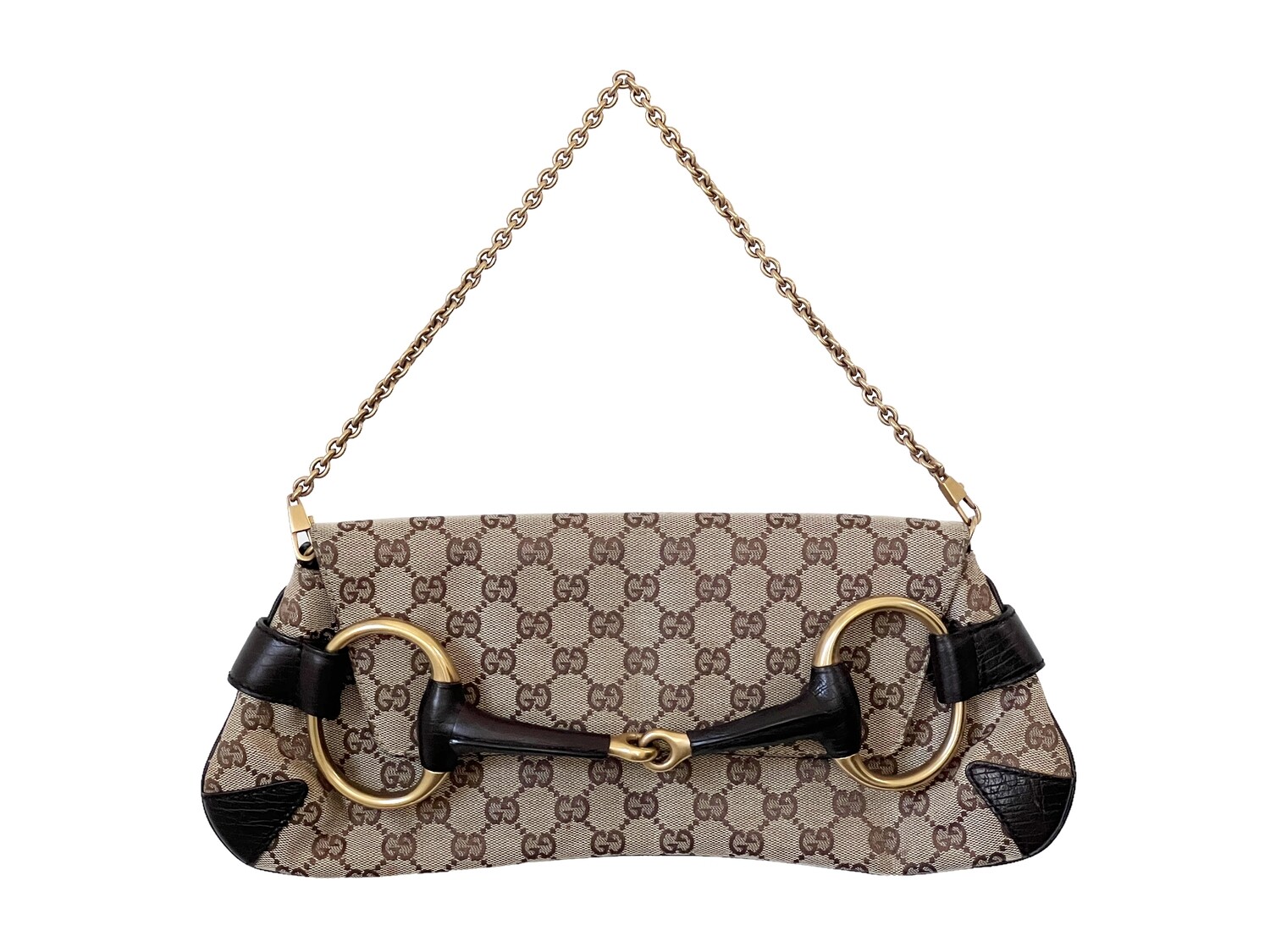 GUCCI VINTAGE BROWN BEIGE GG MONOGRAM CANVAS / LEATHER HORSEBIT BAG CLUTCH