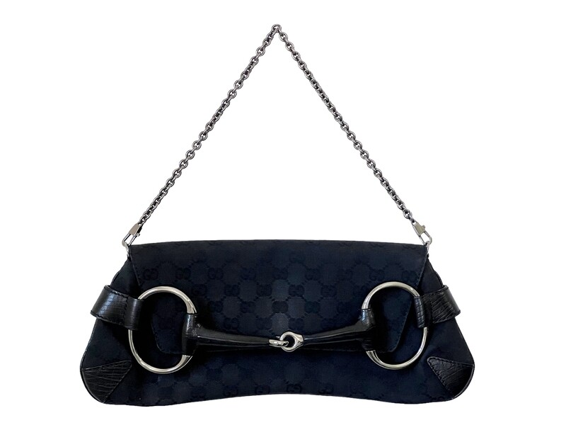 GUCCI VINTAGE BLACK GG MONOGRAM CANVAS / LEATHER HORSEBIT BAG CLUTCH