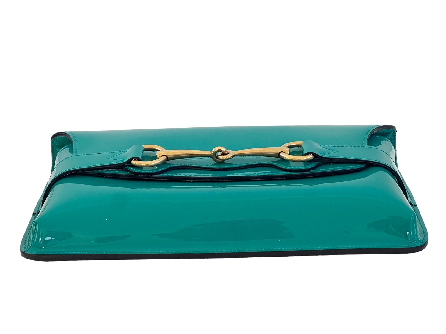 GUCCI GREEN BLUE PATENT LEATHER HORSEBIT CLUTCH