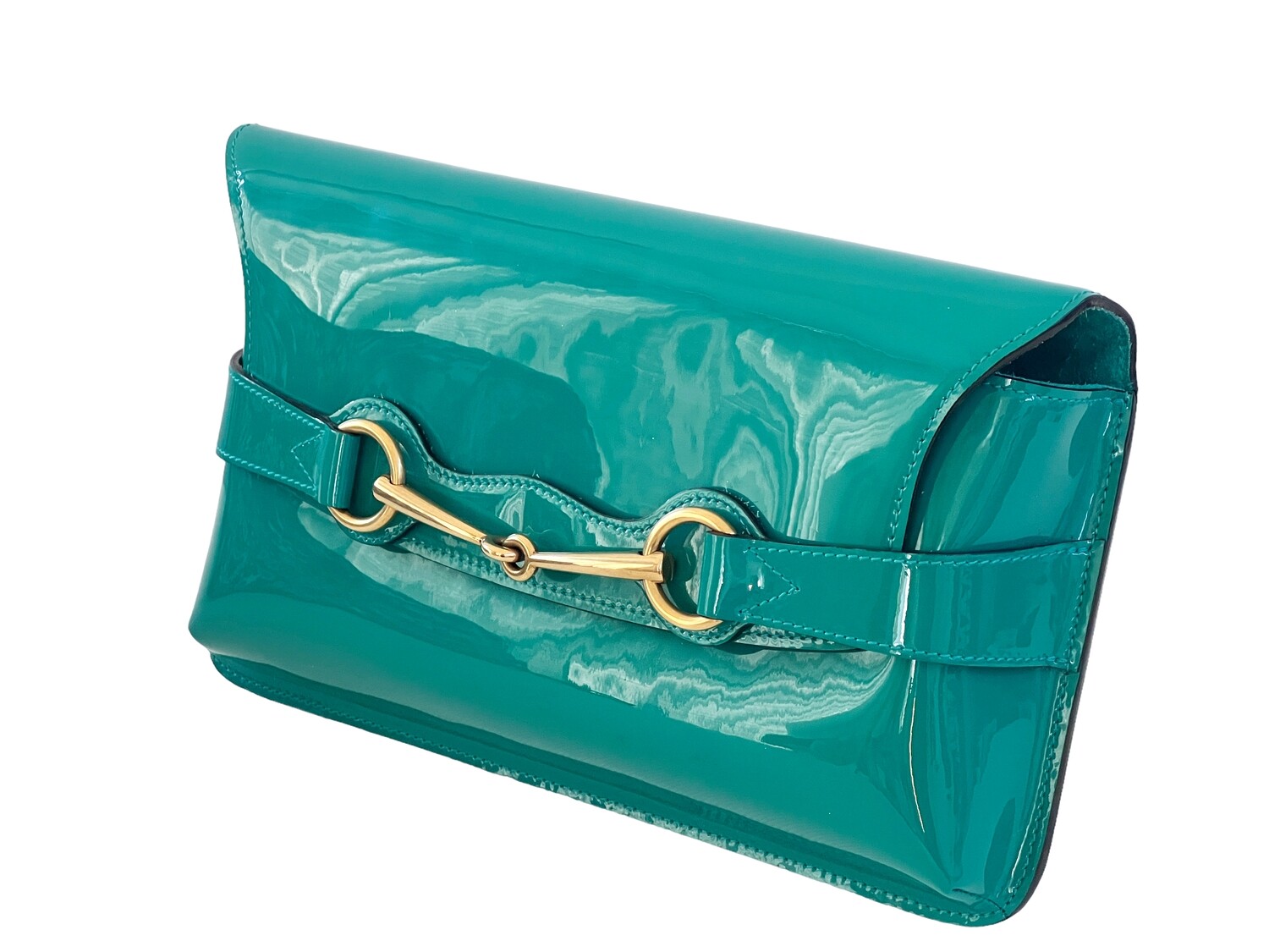 GUCCI GREEN BLUE PATENT LEATHER HORSEBIT CLUTCH