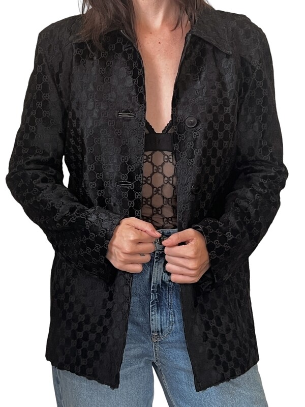 GUCCI VINTAGE GG MONOGRAM EMBOSSED BLACK PONY HAIR LEATHER JACKET COAT TOM FORD ERA