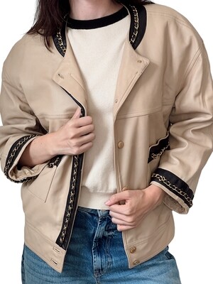 CHANEL VINTAGE BEIGE LEATHER WITH CHAIN TRIM BOMBER JACKET CC BUTTONS