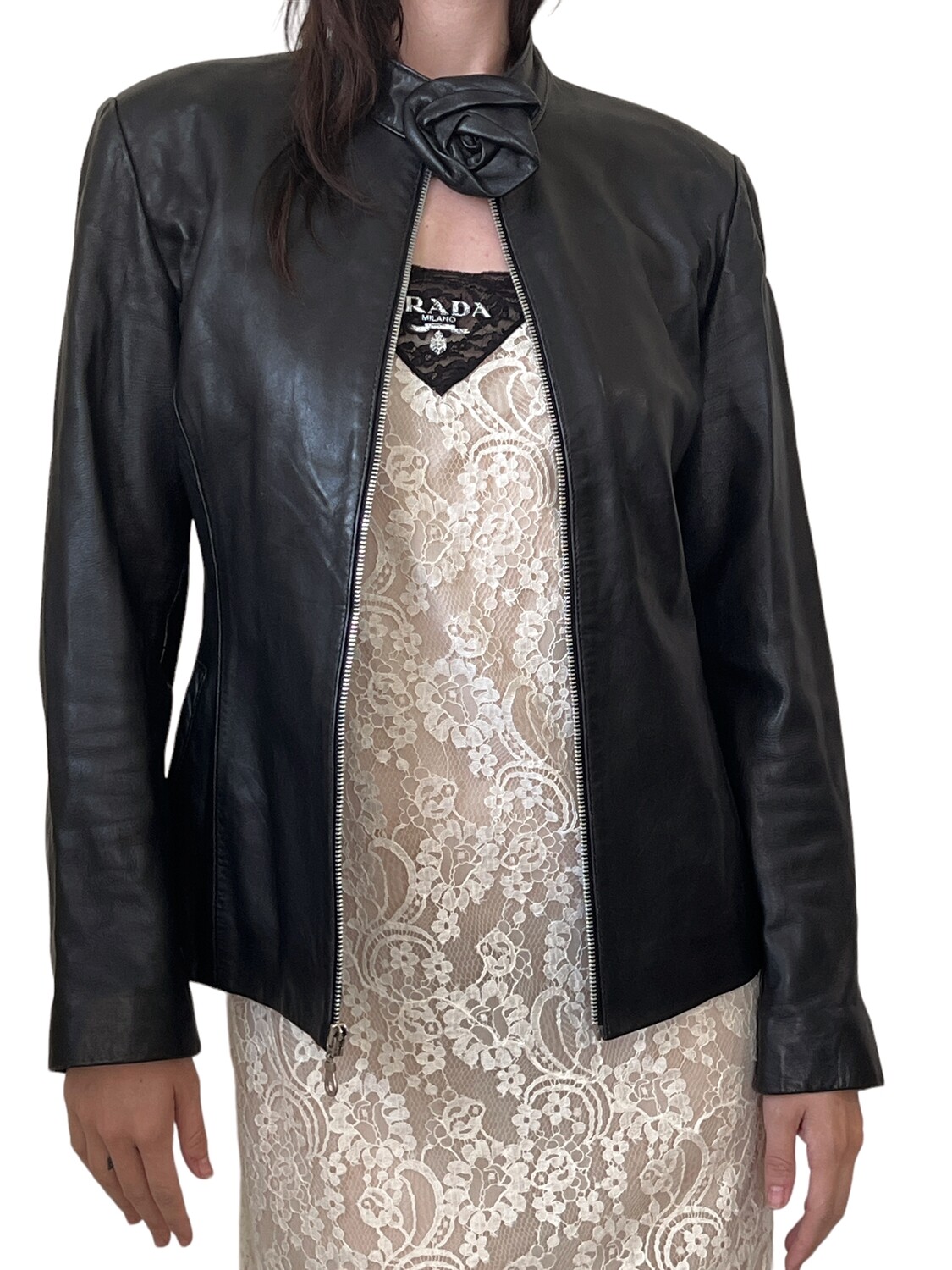 DOLCE &amp; GABBANA VINTAGE BLACK LEATHER JACKET WITH ROSETTE FLOWER DETAIL