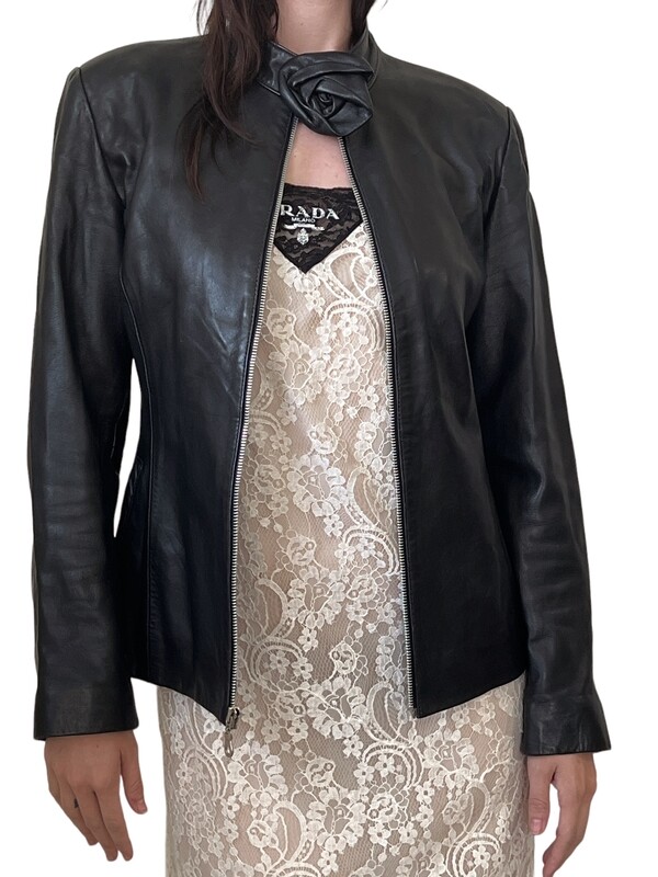 DOLCE &amp; GABBANA VINTAGE BLACK LEATHER JACKET WITH ROSETTE FLOWER DETAIL