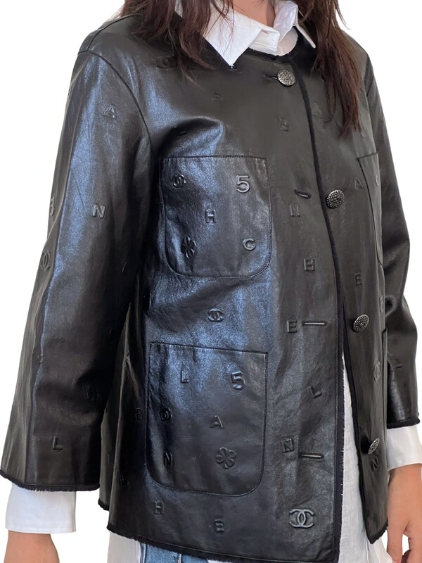CHANEL EMBOSSED ICON CC LOGOS BLACK LEATHER JACKET FR 46