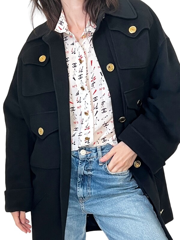 CHANEL VINTAGE NAVY CASHMERE CC PURSE BUTTON COAT JACKET W LOGO ICON PRINT LINING