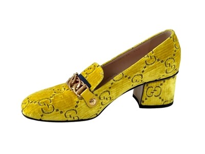 GUCCI GG YELLOW VELVET LOAFERS WITH CHAIN AND WEBBING DETAIL IT 38