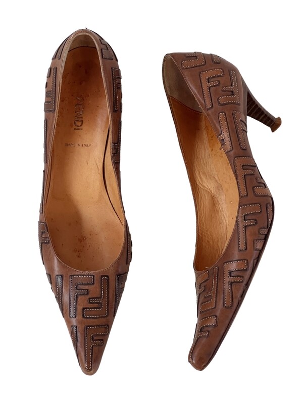 VINTAGE FENDI FF LOGO BROWN LEATHER PUMPS HEELS / IT 38.5 / US 7.5 - 8