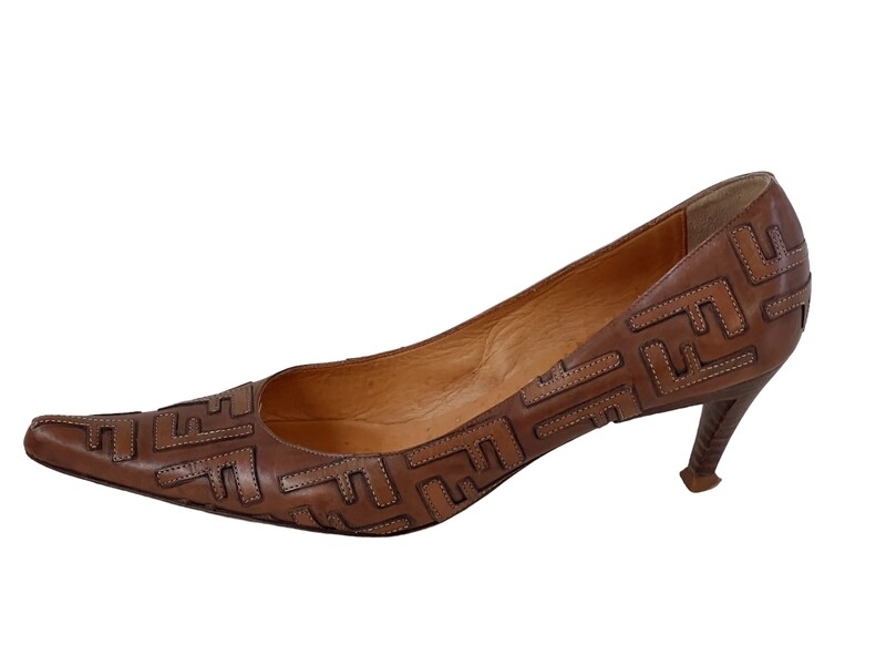 VINTAGE FENDI FF LOGO BROWN LEATHER PUMPS HEELS / IT 38.5 / US 7.5 - 8