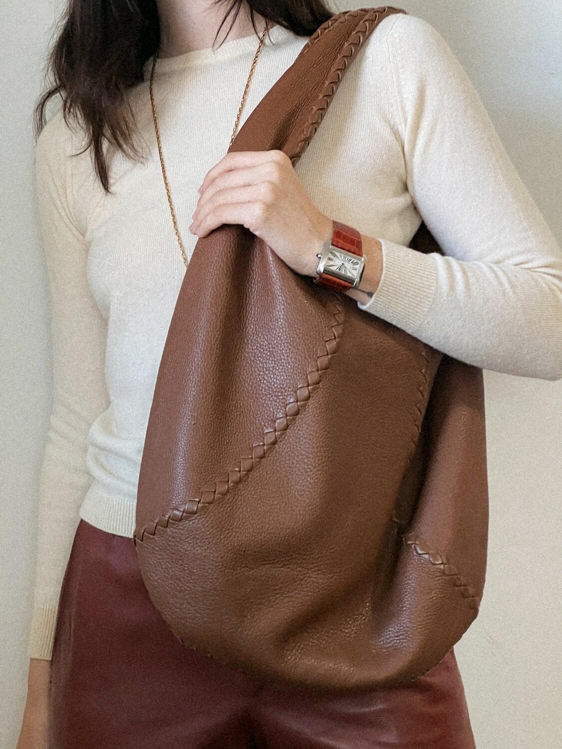 BOTTEGA VENETA BROWN BRAIDED DETAIL LARGE SLOUCH HOBO BAG