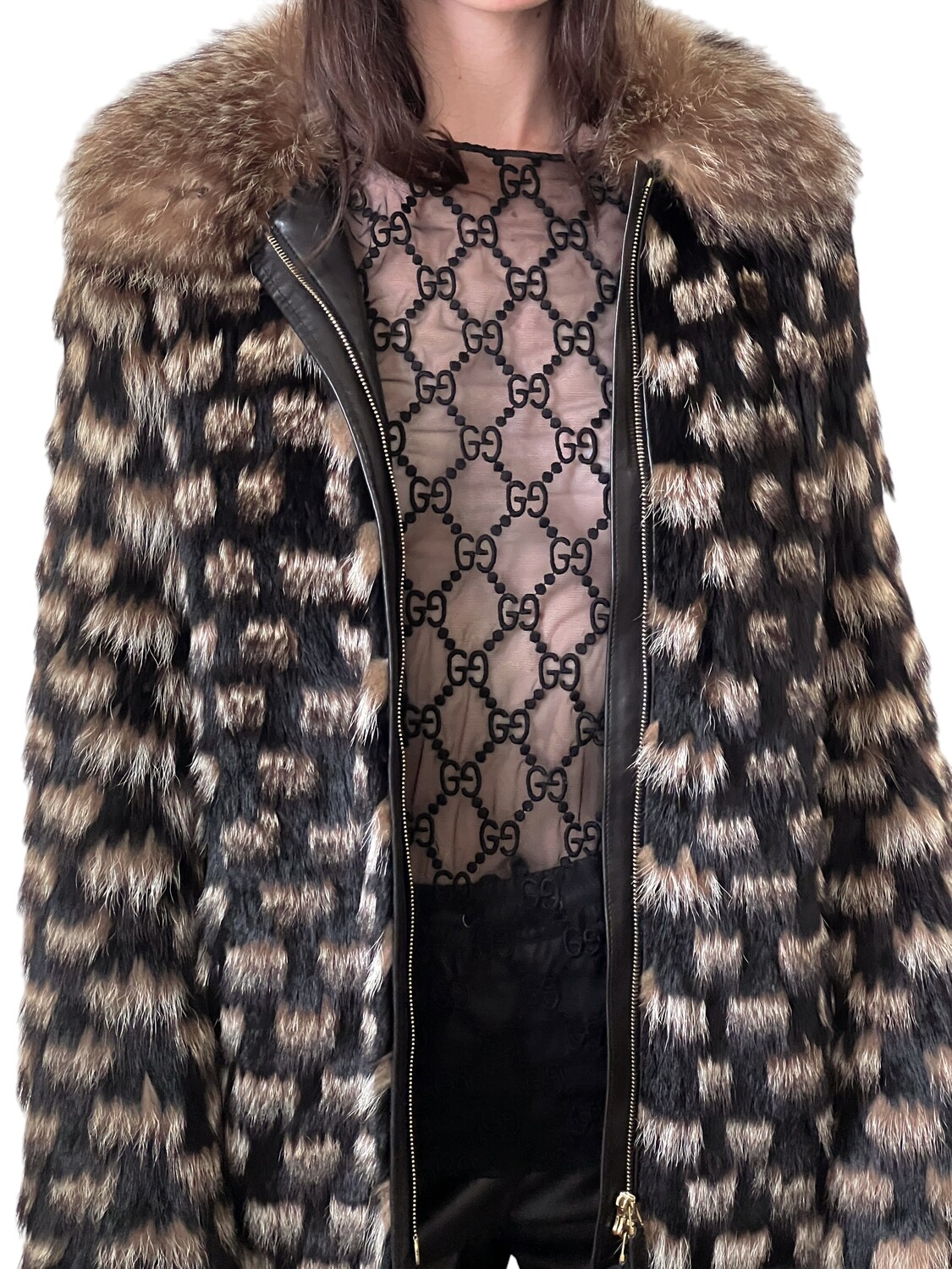GUCCI VINTAGE BROWN BLACK PATCHWORK FUR JACKET TOM FORD ERA