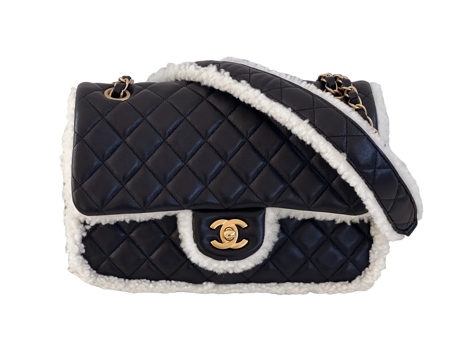 CHANEL CC SHEARLING QUILTED LEATHER HAND WARMER FLAP SHOULDER BAG