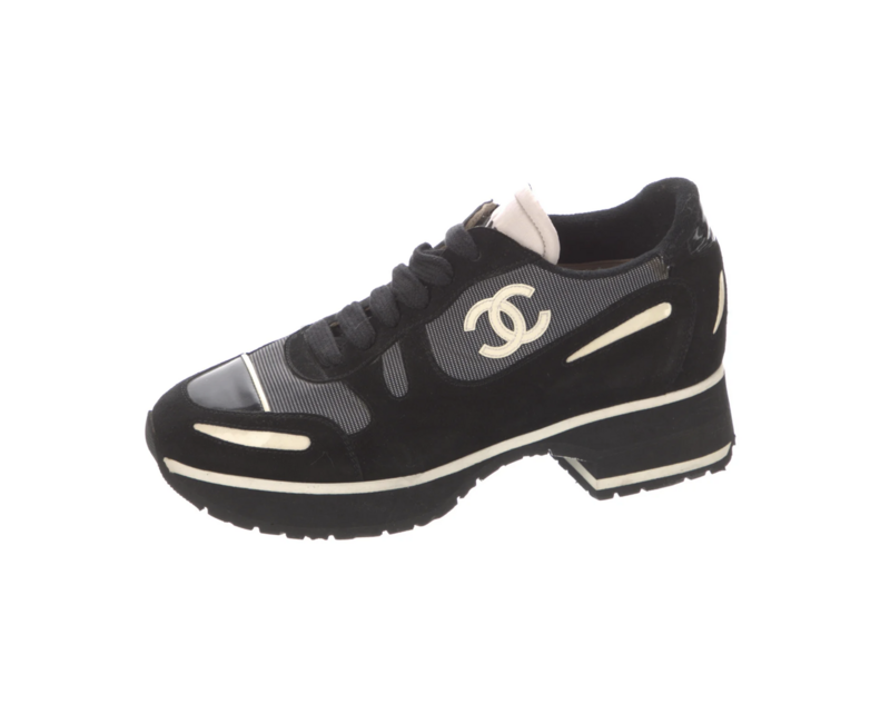 CHANEL VINTAGE BLACK WHITE CC PLATFORM LACE UP SNEAKERS IT 38.5