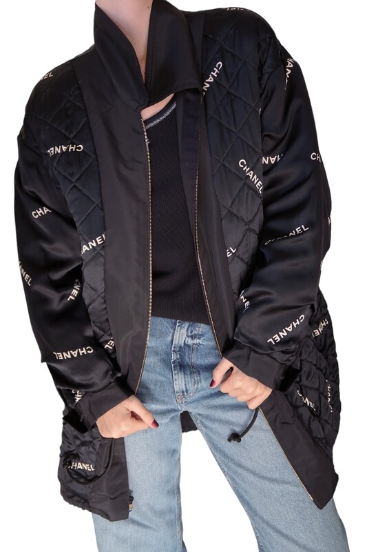 VINTAGE CHANEL LOGO LETTER BLACK SILK PUFFER CARGO COAT JACKET