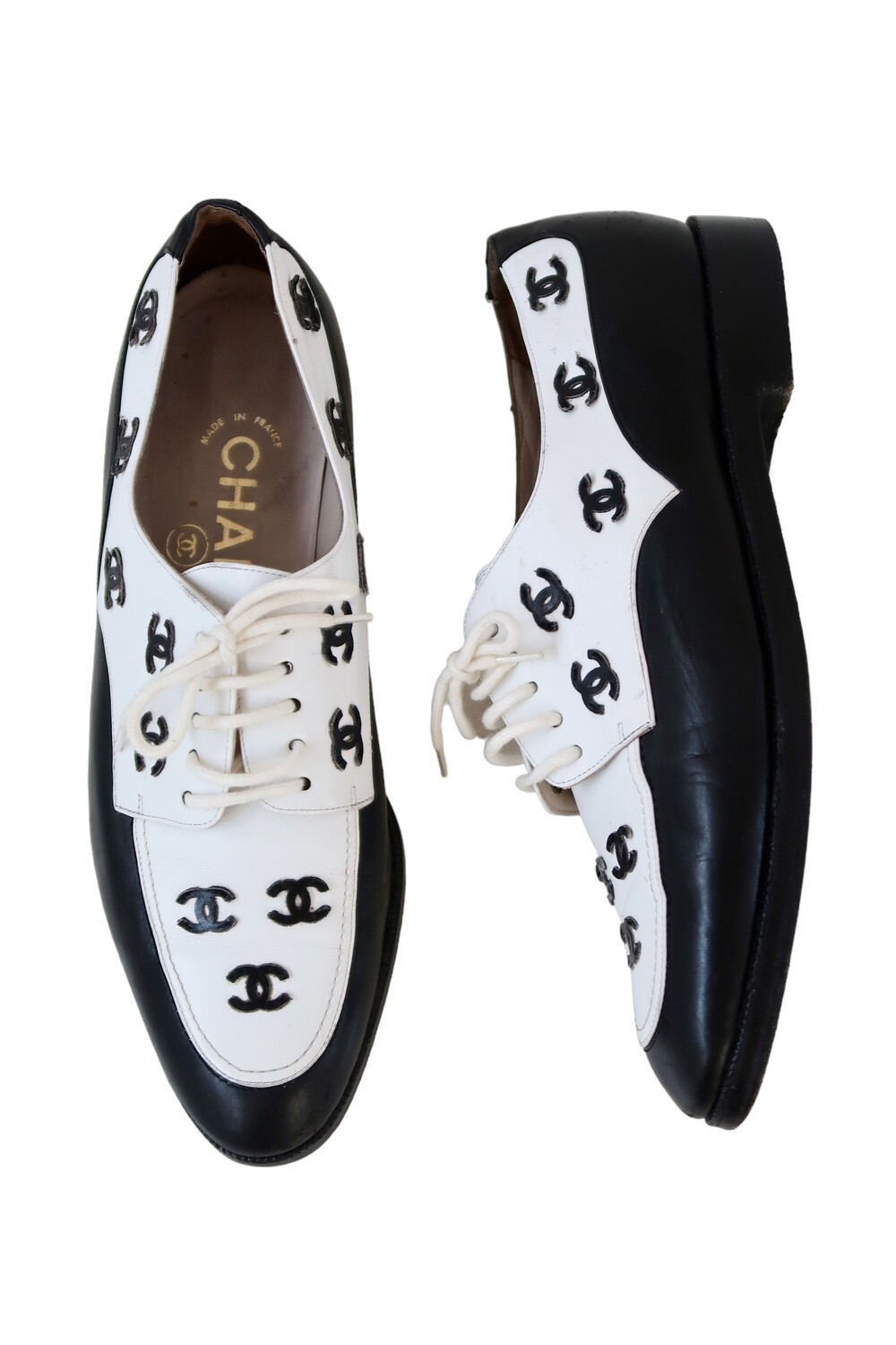 CHANEL CC VINTAGE LACE UP LEATHER LOAFERS OXFORDS / IT 35.5