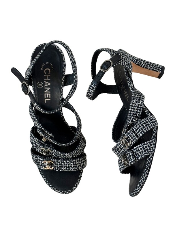 CHANEL CC TURNLOCK TWEED HEELS SANDALS / IT 38.5