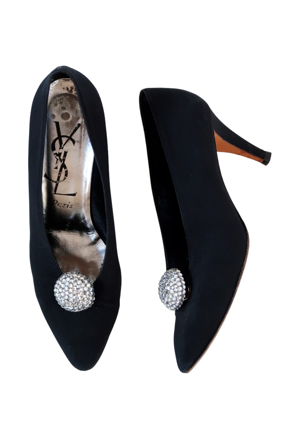 YSL YVES SAINT LAURENT BLACK SATIN RHINESTONE CRYSTAL DISCO BALL PUMPS HEELS / IT 39