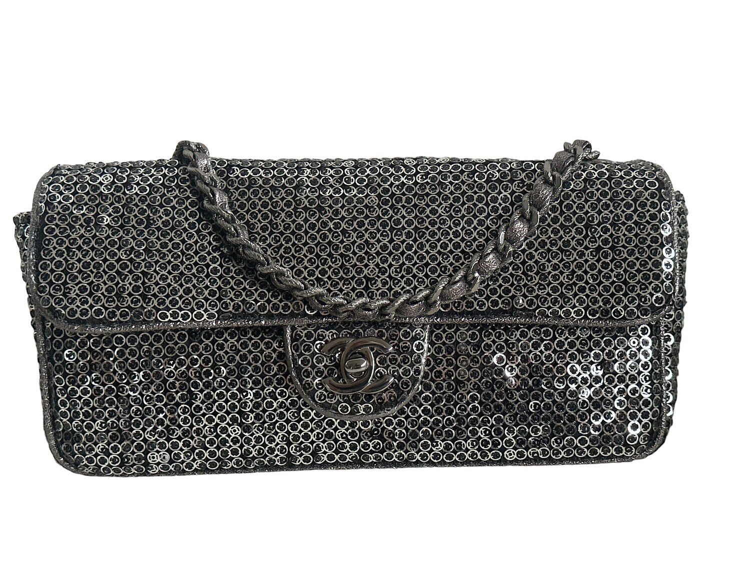 CHANEL CC FLAP SILVER SEQUIN CLASSIC EAST WEST SHOULDER BAG