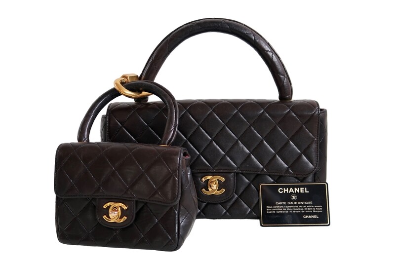 CHANEL VINTAGE BROWN QUILTED LEATHER KELLY TOP HANDLE SET