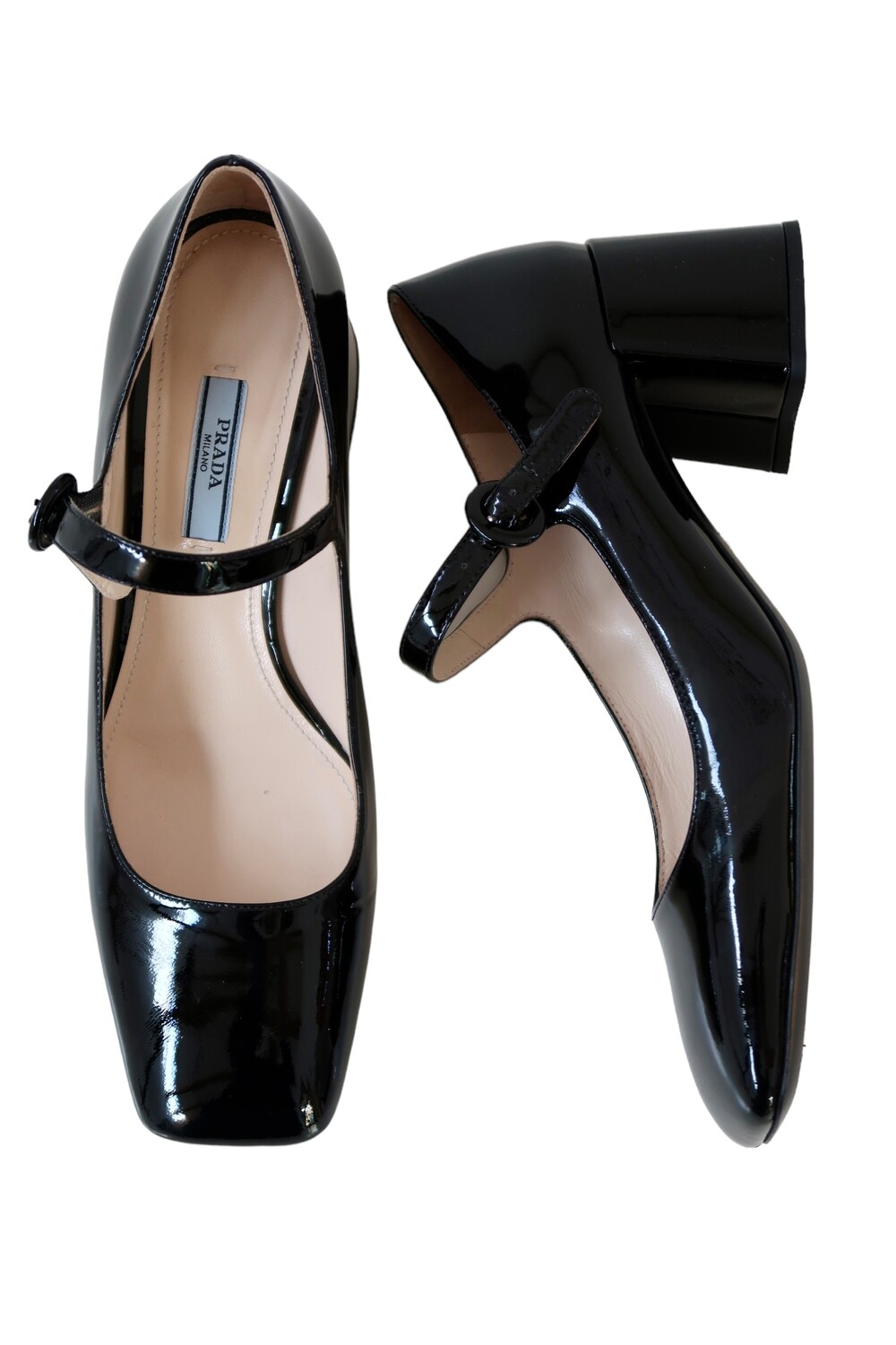 PRADA BLACK PATENT LEATHER MARY JANE HEELS IT 39