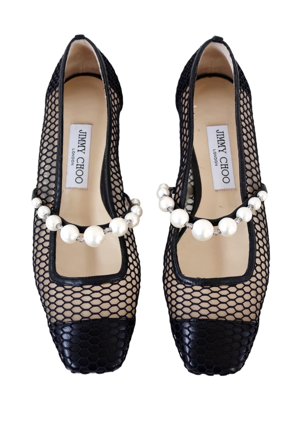 JIMMY CHOO BLACK MESH AND LEATHER  FAUX PEARL BALLET FLATS / IT 37.5