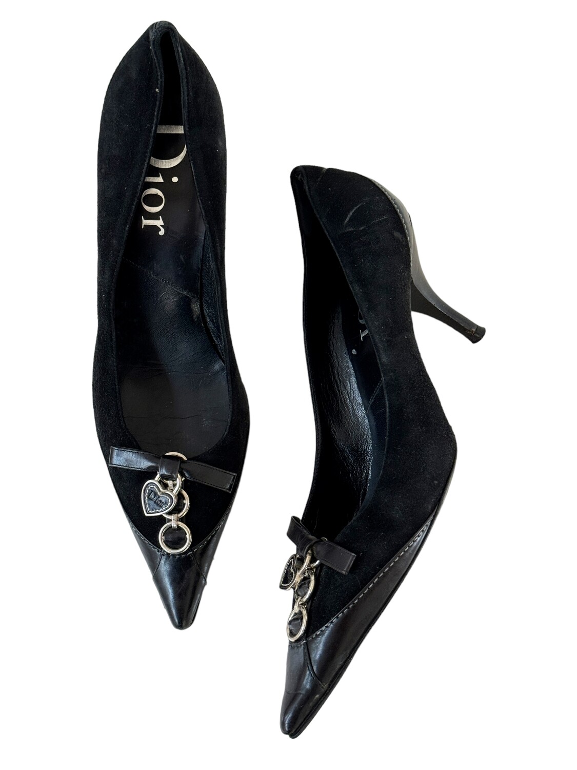 CHRISTIAN DIOR VINTAGE HEART CHARM BLACK SUEDE PUMPS HEELS / IT 40