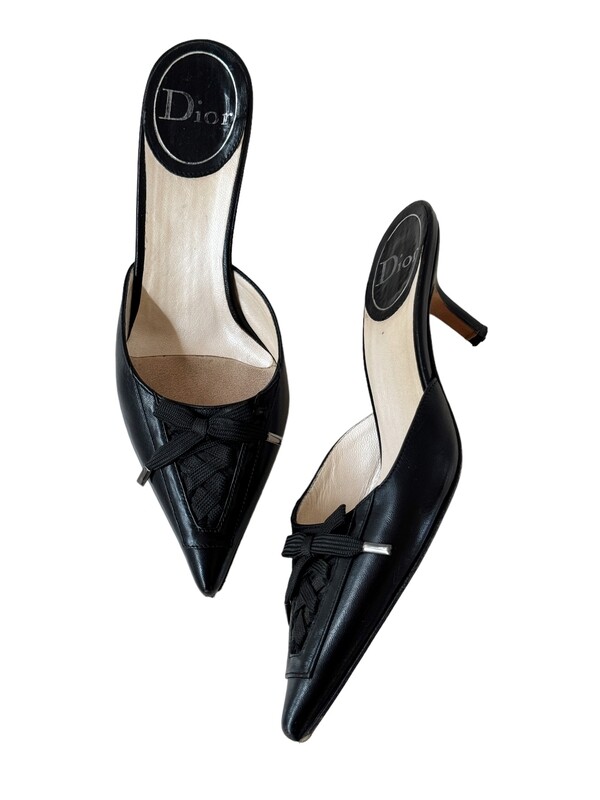 CHRISTIAN DIOR BLACK LEATHER CORSET LACE UP BLACK LEATHER MULES HEELS / IT 36.5