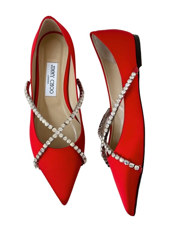 JIMMY CHOO RED SATIN RHINESTONE BALLET FLATS / IT 38.5