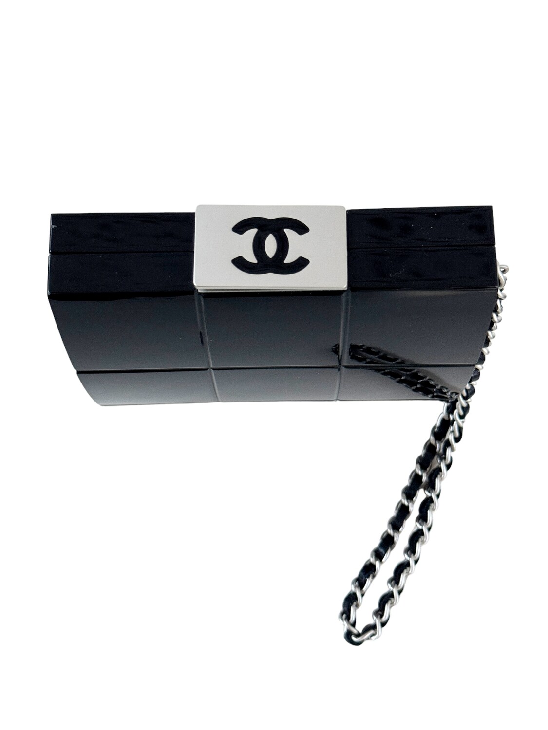 CHANEL CC BLACK CHOCOLATE BAR QUILT RESIN BOX CLUTCH EVENING BAG