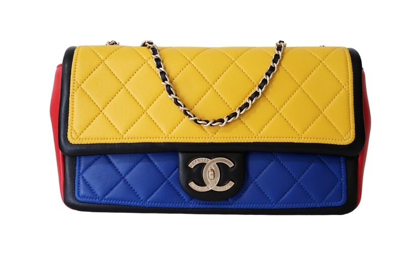 CHANEL CC PRIMARY TRI COLOR RED BLUE YELLOW  QUILTED LEATHER CC FLAP SHOULDER BAG