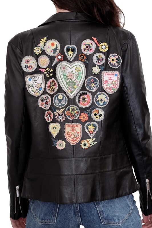 RARE CHANEL BLACK LEATHER CC LOGO PATCH BIKER MOTO JACKET / FR 36