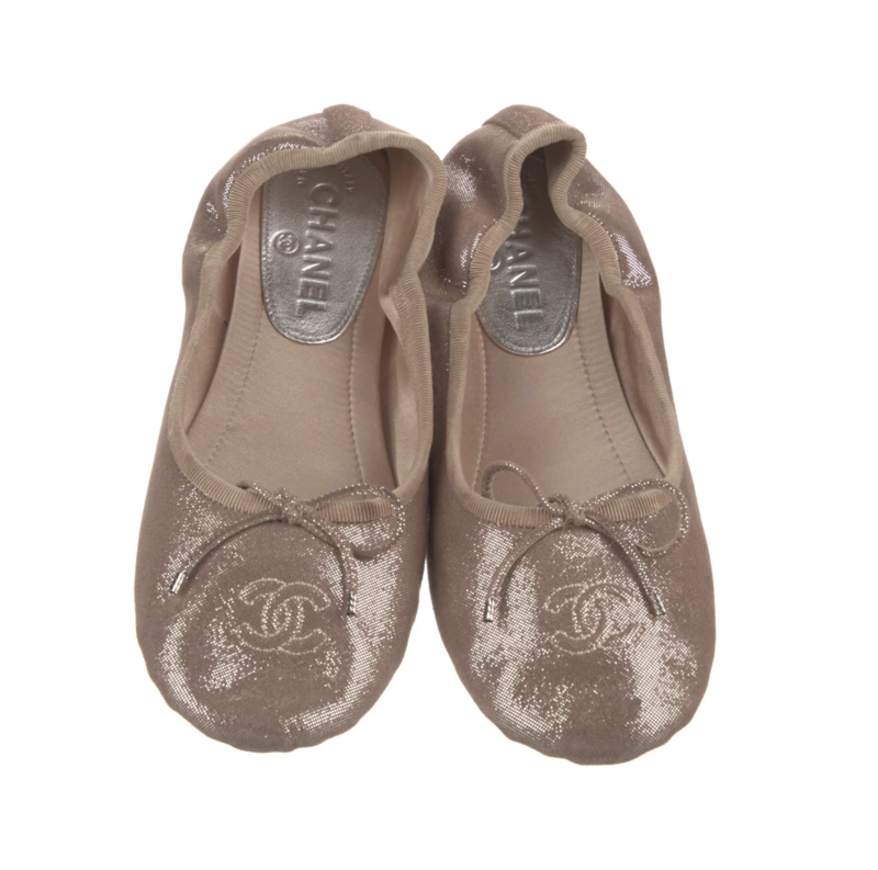 CHANEL CC PINK GLITTER LEATHER BALLET FLATS WITH BOW IT 38