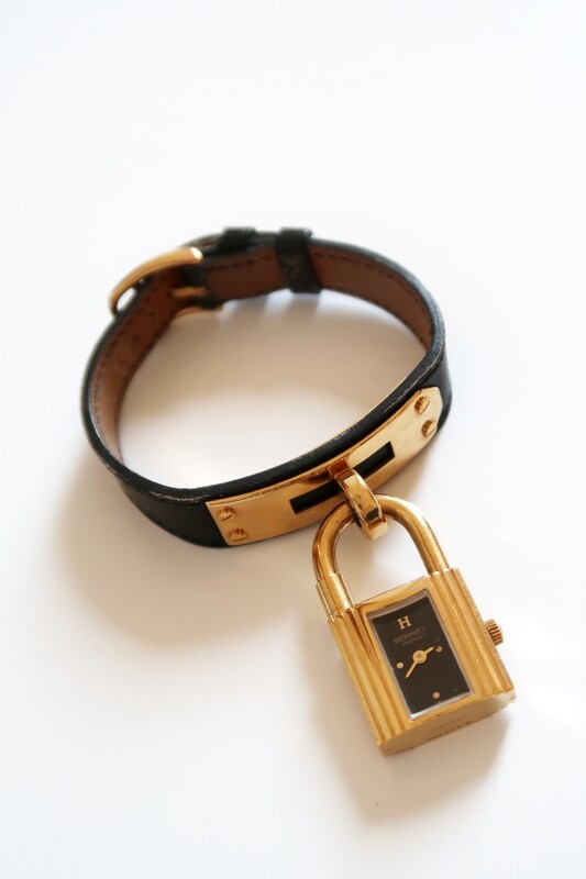 VINTAGE HERMES KELLY BLACK LEATHER WRIST WATCH LADIES
