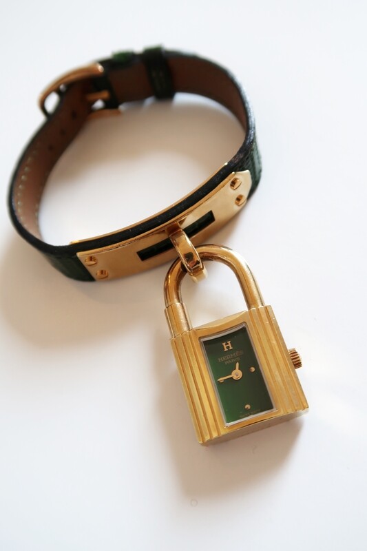 VINTAGE HERMES KELLY GREEN LIZARD LEATHER WRIST WATCH LADIES