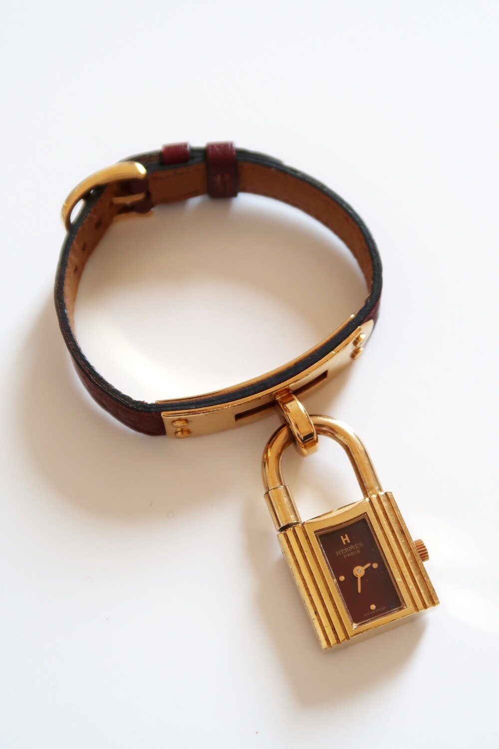 VINTAGE HERMES KELLY BURGUNDY RED LIZARD LEATHER WRIST WATCH LADIES